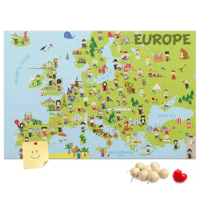 World Map Printed Cork Memo Board with Flags