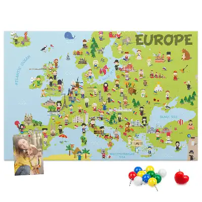 World Map Printed Cork Memo Board with Flags