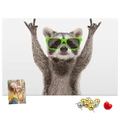 Printed Cork Memo Board Raccoon wearing glasses