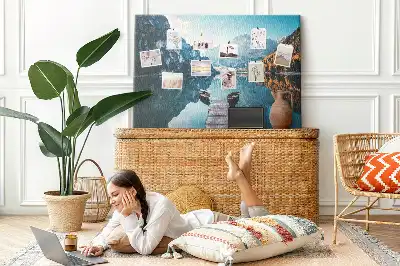 Printed Cork Board with Boats on the Lake Design