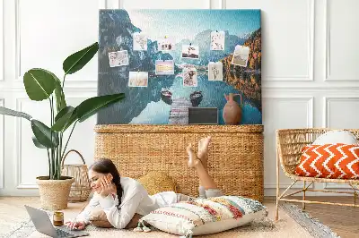 Printed Cork Board with Boats on the Lake Design