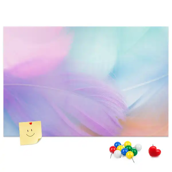 Printed cork memo board with colorful feathers