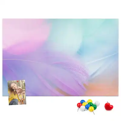 Printed cork memo board with colorful feathers