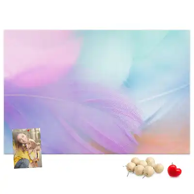 Printed cork memo board with colorful feathers