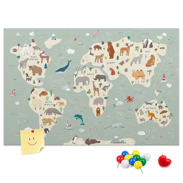 Cork memo board Animal world map