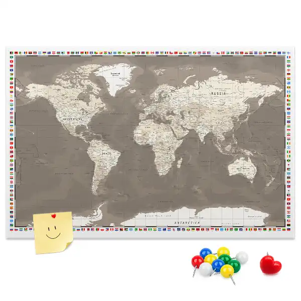 Printed Cork Memo Board Brown world map