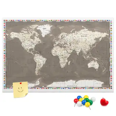 World Map Printed Cork Memo Board in Brown