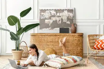 World Map Printed Cork Memo Board in Brown
