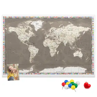 World Map Printed Cork Memo Board in Brown