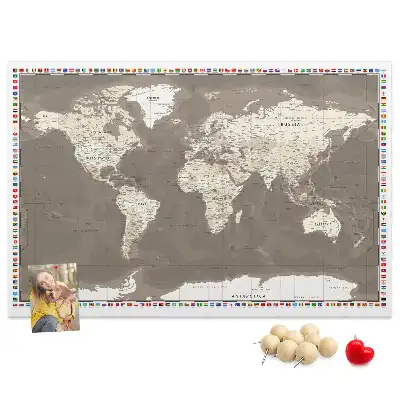 World Map Printed Cork Memo Board in Brown