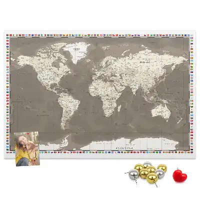 World Map Printed Cork Memo Board in Brown