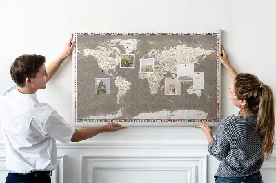 World Map Printed Cork Memo Board in Brown