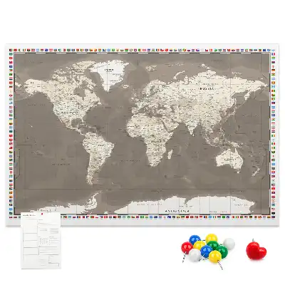 World Map Printed Cork Memo Board in Brown