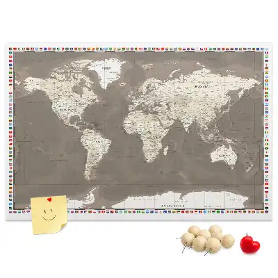 World Map Printed Cork Memo Board in Brown