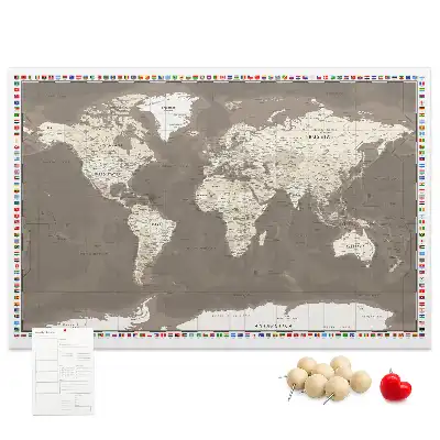 World Map Printed Cork Memo Board in Brown
