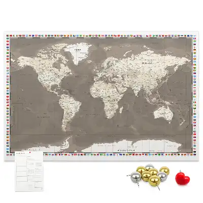 World Map Printed Cork Memo Board in Brown