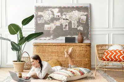 World Map Printed Cork Memo Board in Brown