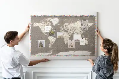 World Map Printed Cork Memo Board in Brown