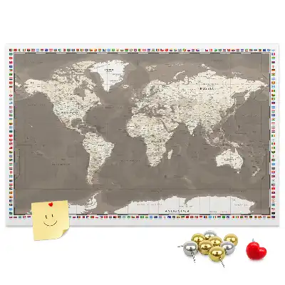 World Map Printed Cork Memo Board in Brown