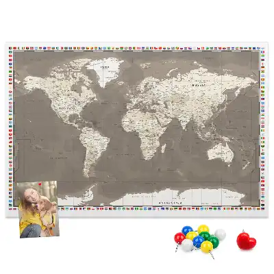 World Map Printed Cork Memo Board in Brown