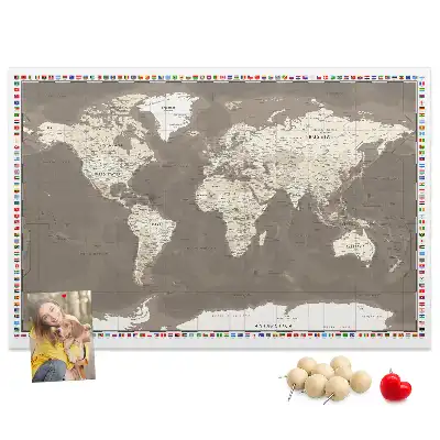 World Map Printed Cork Memo Board in Brown