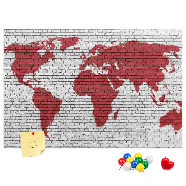 Printed Cork Board World Map with Brick Wall Design