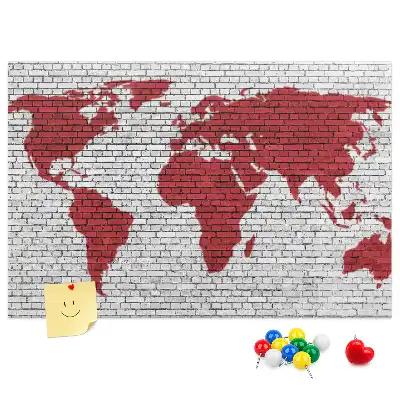 Printed Cork Board World Map with Brick Wall Design