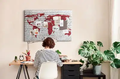 Printed Cork Board World Map with Brick Wall Design