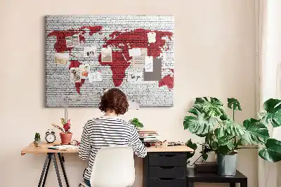 Printed Cork Board World Map with Brick Wall Design