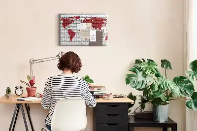 Printed Cork Board World Map with Brick Wall Design