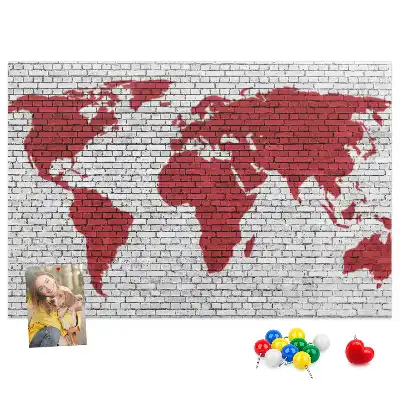 Printed Cork Board World Map with Brick Wall Design
