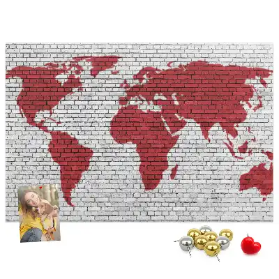 Printed Cork Board World Map with Brick Wall Design