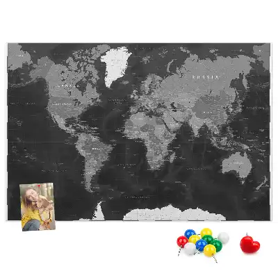 Printed Cork Memo Board Black world map