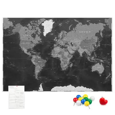 Printed Cork Memo Board Black world map