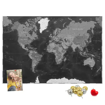 Printed Cork Memo Board Black world map