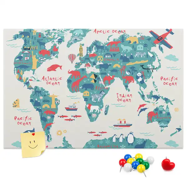 Pictorial world map cork memo board
