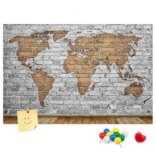 Printed World Map Cork Board in a Brick Style