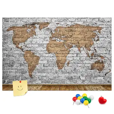 Printed World Map Cork Board in a Brick Style