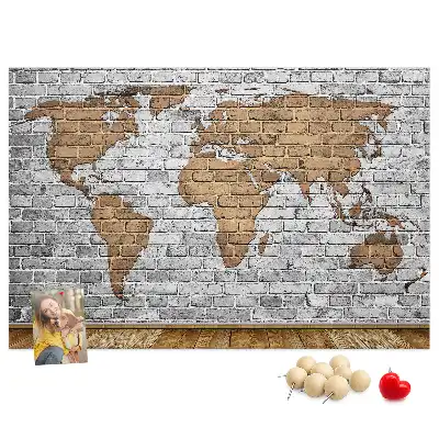 Printed World Map Cork Board in a Brick Style