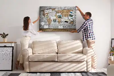 Printed World Map Cork Board in a Brick Style