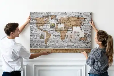 Printed World Map Cork Board in a Brick Style
