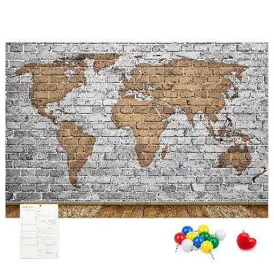 Printed World Map Cork Board in a Brick Style