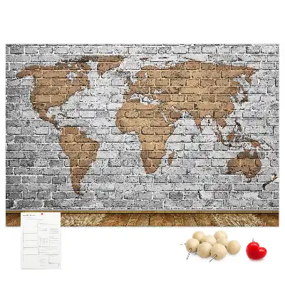 Printed World Map Cork Board in a Brick Style