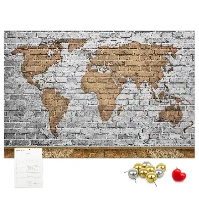 Printed World Map Cork Board in a Brick Style
