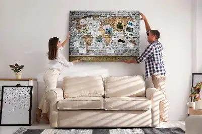 Printed World Map Cork Board in a Brick Style