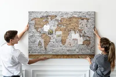 Printed World Map Cork Board in a Brick Style