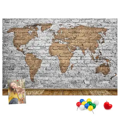 Printed World Map Cork Board in a Brick Style