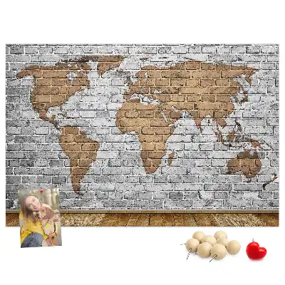 Printed World Map Cork Board in a Brick Style