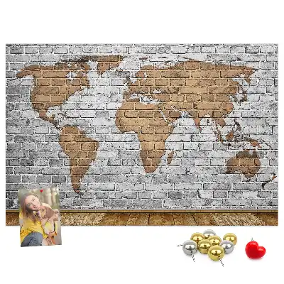 Printed World Map Cork Board in a Brick Style