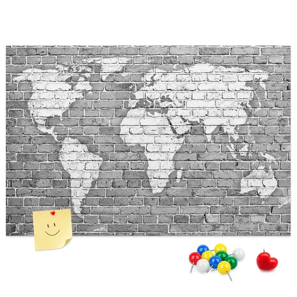 World Map Printed Cork Memo Board on Bricks Pattern